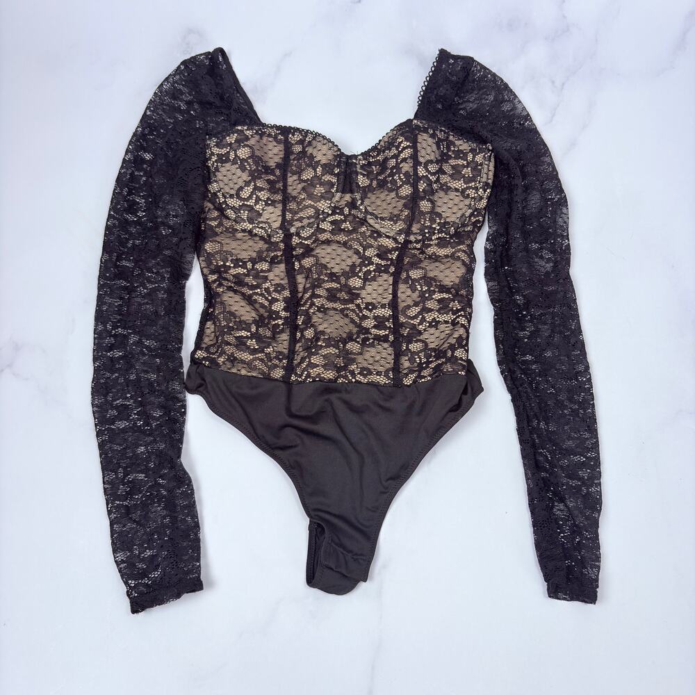 Lulus XS Bustier Bodysuit Long Sleeve Black Sheer Lace Thong Sexy Night Out